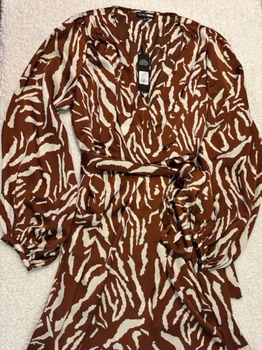 Fashion Nova Brown and White Zebra Print Long Sleeve Wrap Dress